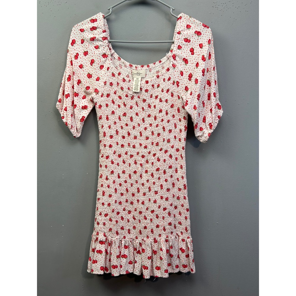 Jessica Simpson Dress Womens XS White Strawberry Smocked Ruffle Mini Cottagecore